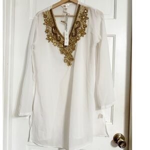 Lucky & Coco Gold Beaded Sheer Tunic Cover Up NWT Sz M